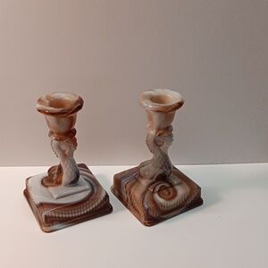 Vtg Imperial  Caramel & White Slag Glass Dolphin Koi Candlestick Candle Holders